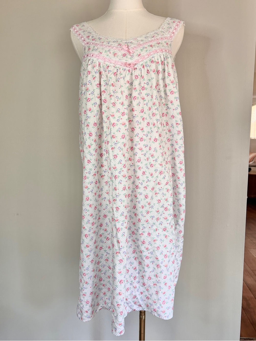 Vintage 90s Lorraine Floral Lace Ribbon Nightgown Cottagecore Dainty Prairie M - Picture 3 of 14